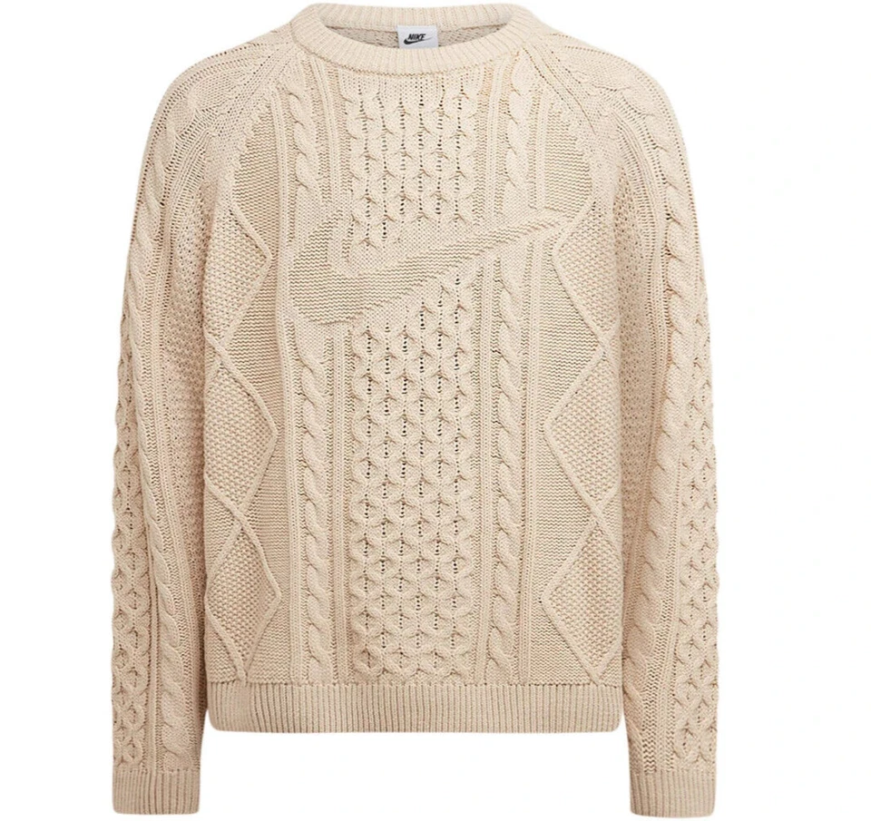 size M Nike Life Cable Knit Sweater Logo Beige DQ5176-206