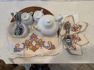 vintage CrossStitch Embroidered napkins & Tea Towel, High Tea/Romantic Tea. - Picture 1 of 5