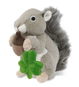 DolliBu Soft Grey Squirrel Stuffed Animal with Green Plush Shamrock - 8 Inches - Picture 1 of 5