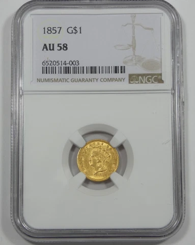 1857 Indian Princess Head Ty-3 GOLD $1 CERTIFIED NGC AU 58 Cover