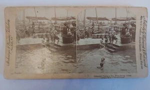 Antique Stereoview Card Celestias Taking A Dip, Hong Kong, China - Picture 1 of 4