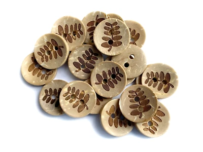 15pcs Natural Coconut Shell Buttons, Round Leaf Pattern Fern Knitting Sewing - Image 1 of 2
