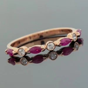 LALI Jewels Marquise Ruby Diamond Anniversary Band Ring Size 7 - 14K Rose Gold - Picture 1 of 5