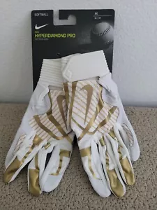 NWT Nike Women Medium Softball Hyper Diamond Pro White Gold Batting Gloves - Picture 1 of 4