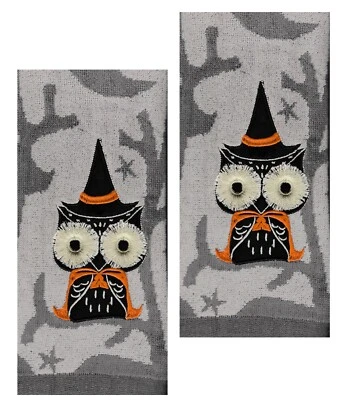 Witchy Owl Halloween Gray Bath Hand Towels Set of 2 Bathroom Expressive Eyes - Image 1 of 4