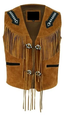 Traditional Brown Men Western Cowhide Leather Vest Vintage Leather Beads Tassel - Image 1 of 4