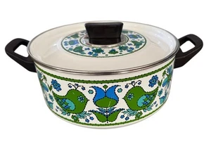 Maceta vintage años 70 Fancipans pájaro azul y verde cachemir con tapa esmalte desgaste - Imagen 1 de 8