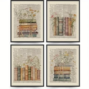8x10 Book Art Design Prints 4Pcs New Reading Nook Library Dorm Club Retro - Picture 1 of 4