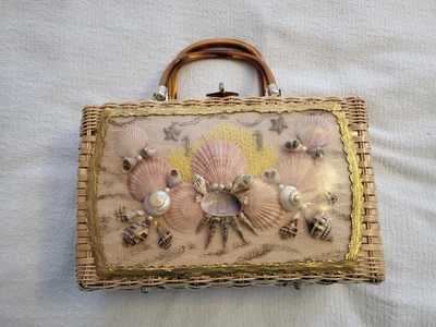 BOLSO DE MANO DE COLECCIÓN PRINCESA ENCANTADORA POR ATLAS MIMBRE CONCHA MARINA ASAS DBL AÑOS 50 Foto 1 de 4