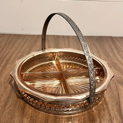 Pink Depression Glass Divided Relish Dish Silver Metal Tray & Handle 4 Section - image 1 of 4