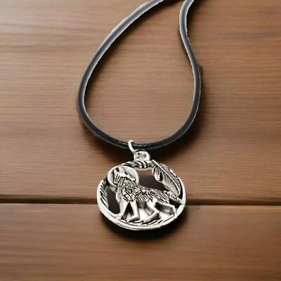 Gargantilla con cordón de cuero negro collar ajustable Wolf con aullido de lobo para hombre Foto 1 de 4