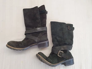 CLARKS Boot Ladies Womens Size 5D EU 38 Black Real Suede Mid Calf Bikers Boots - Picture 1 of 10