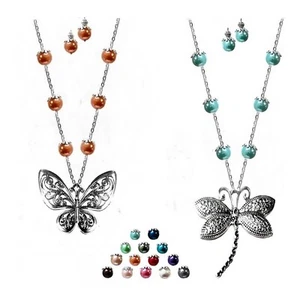 Dragonfly or Butterfly Charm long Necklace with pearls, optional earrings - Picture 1 of 21