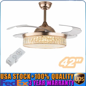 42" Remote Gold LED Invisible Ceiling Fan Light Modern Crystal Chandelier Lamp - Picture 1 of 11