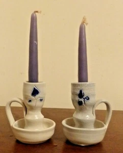 Vintage Pottery Stoneware Candle Holder Set Cobalt Blue Salt Glaze - Bild 1 von 10