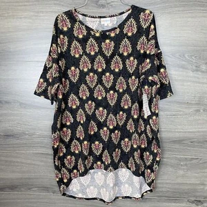 Blusa para mujer LulaRoe Irma talla pequeña negra con diseño de escudo floral - Imagen 1 de 9
