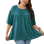 Women Half Sleeve For T Shirt Round Neck Solid Loose Pleated Flowy Top Blo