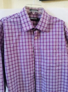 KIRKLAND MENS Size 17-34  PURPLE CHECK COTTON DRESS SHIRT NON IRON - Picture 1 of 7
