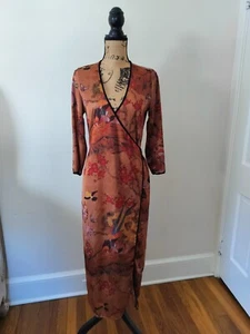 ZARA Accesories Tan Oriental Print Kimono Kaftan Wrap Dress Coverup Size M - Picture 1 of 8