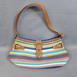 Mehrfarbig gestreifte geflochtene Handtasche Schultertasche braun Kunstlederbesatz Schnalle - Bild 1 von 10