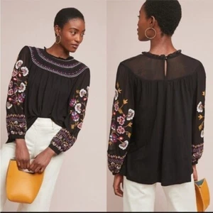 Anthropologie Akemi + Kin Louise Blouse Peasant Embroidered Black Large Boho - Picture 1 of 14