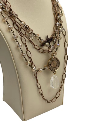 2 Bronze-Plated Faceted Bead Necklaces 48" / Bird Motif / Gem - Image 1 of 2