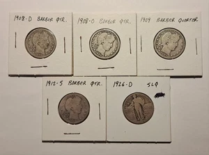 LOT OF 5 SILVER QUARTERS - 1908-D-O 1909-P 1912-S BARBER 1926-D STANDING LIBERTY - Picture 1 of 12