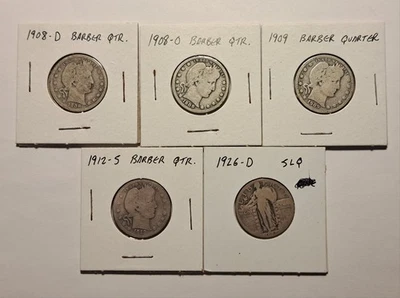 LOT OF 5 SILVER QUARTERS - 1908-D-O 1909-P 1912-S BARBER 1926-D STANDING LIBERTY - Image 1 of 4