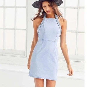 Mini Abito Denim Intrecciato Olandese Doppio Rosa Visone Taglia S Blu Halter Cotone - Foto 1 di 13