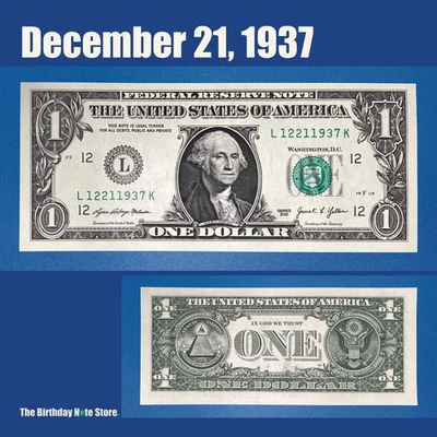 December 21, 1937 Birthday Anniversary $1 One Dollar Bill Serial Number 12211937 - Image 1 of 2