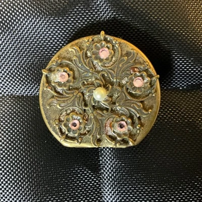 Vintage Hidden Heart Keepsake Trinket Box Hinged Round Pink Rhinestone Pearl - Image 1 of 4