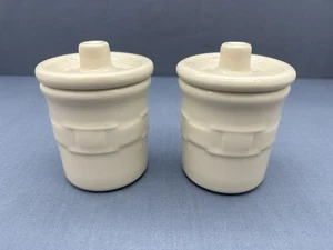 LONGABERGER Pottery WOVEN TRADITIONS Ivory CONDIMENT POTS & LIDS Crocks SET OF 2 - Picture 1 of 8
