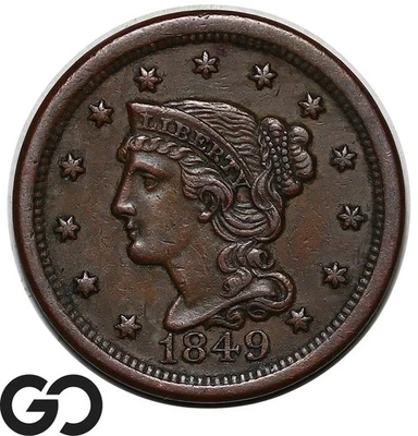 1849 Large Cent, Braided Hair, Choice AU++ Tougher Date - Image 1 of 3