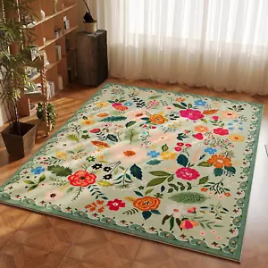 Area Rug 4x6 Rug Washable Boho Rugs Non Slip Low Pile Floral Small Carpet for Be - Picture 1 of 9