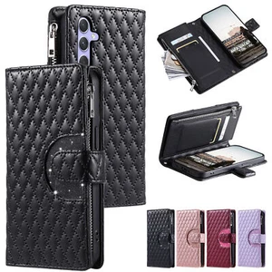Zipper Grid Leather Wallet Phone Case For Samsung Note 20 10 M55 F23 M42 M13 M12 - Picture 1 of 16