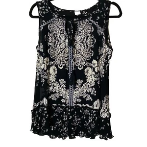 Bila Black & White Gauzy Sleeveless Top Blouse Size S Ruffle Boho Flowers - Picture 1 of 7