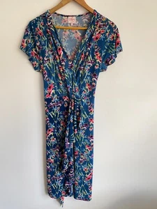 Leona Edmiston Dress Womens Size 12 Blue Pink Floral Pleated Short Sleeve V-Neck - Bild 1 von 7