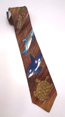 FONDO MUNDIAL DE VIDA SILVESTRE Corbata de Seda Orca Asesina Ballena Tortuga Pingüino Cocodrilo Usada en Excelente Condición Foto 1 de 4