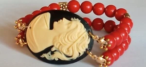 Bracciale donna braccialetto in pasta di corallo rosso doppio filo con cammeo - Picture 1 of 15