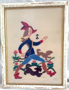 Vintage Framed Hand Made Crewel Work/Embroidery, Archer with Dogs Bow & Arrows - Picture 1 of 7