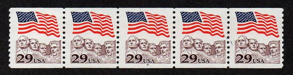 UNITED STATES, SCOTT # 2523, COIL STRIP OF 5 STAMPS PNC # 6, FLAG OVER RUSHMORE - Image 1 of 1