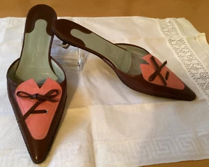 Sigerson Morrison Pink Brown Leather Tuxedo Kitten Heel Mule Sz 7 - Picture 1 of 7