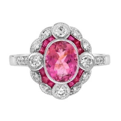 Anillo de compromiso de diamantes rubí turmalina rosa en oro blanco de 18 quilates  Foto 1 de 4