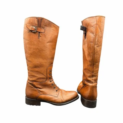 Clarks Editor Tan Leather Riding Boots Size 9M Knee High Zip Buckle Lace - Image 1 of 4