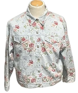 Susan Bristol Denim Jacket Women Size XL Blue Floral Button Up Flap Pockets Crop - Picture 1 of 8