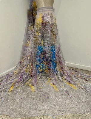 Lavender Yellow Red SilverBeaded Glitter lace fabric 50" width sold by the yard - Image 1 of 4