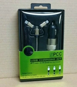 2.1A USB Dual Port Car Charger + 4' Cable Kit iPhone, Android, Type-C Gold - Picture 1 of 1