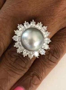 Fine Gray 13.5mm High Quality Pearl With Marquise & Pear Cut CZ Cluster Ring - Picture 1 of 10