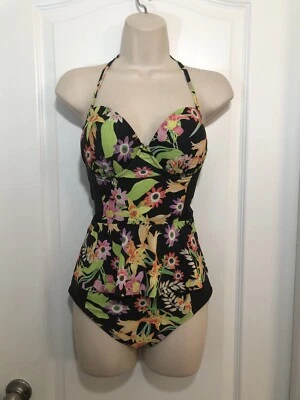 Maiô Bongo tamanho G preto floral peplum conversível sem alças com parte superior protetora contra erupções cutâneas - Imagem 1 de 4