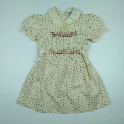 Vintage Smocked Girls Dress Mothercare Floral Size 3 100cm 1950s 1960s Red Green - image 1 of 4